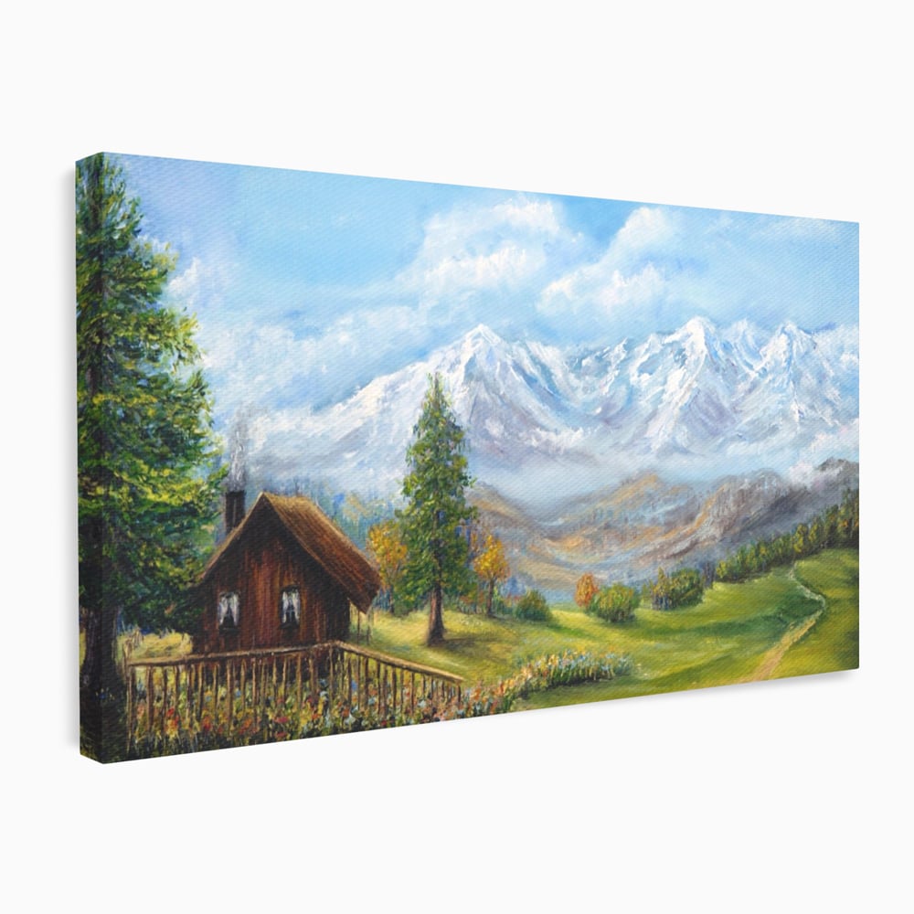 Tablou canvas cu tablou canvas cu peisaj montan si cabana, fara rama, pe sasiu de lemn